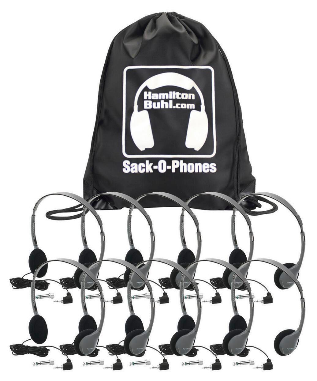 HamiltonBuhl Sack-O-Phones Headphones with Carry Bag, Gray, Pack of 10 1465132